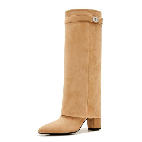 Women’s Shark Boots – Suede Fold Over Knee High Boots, Pointed Toe Block Heel Fashion Boots
