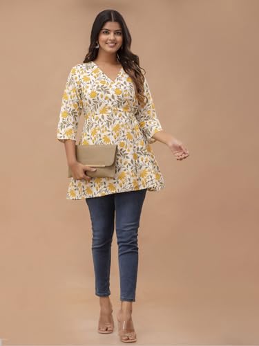 Image of feranoid Floral Print Angrakha 3 Sleeves Flared Kurti