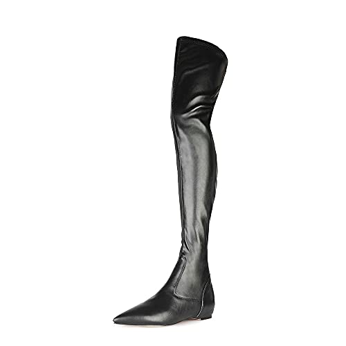 Up2Step Women Patent Leather Flat Over The Knee Boots Pointed Toe Side Zipper Thigh High Low Heel Boot Black Size 10 #TOP3
