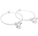 Star Charm Hoop Earrings - 35mm Nickel Free Silver Tone Hoops with Hollow Stars