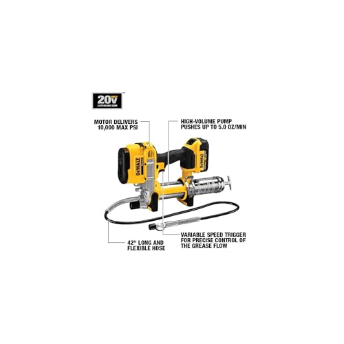 DEWALT Grease Gun 20V MAX, Cordless Electric Grease Gun 42” Hose, 10,000 PSI, Variable Speed Triggers, Tool Only (DCGG571B)