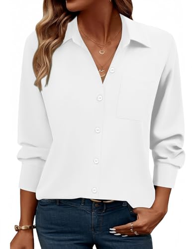 Image of Zeagoo Long Sleeve Shirts for Women Button Up Collared Office Wear Summer Dressy Casual Outfit Ladies Tops and Blouses Z-White