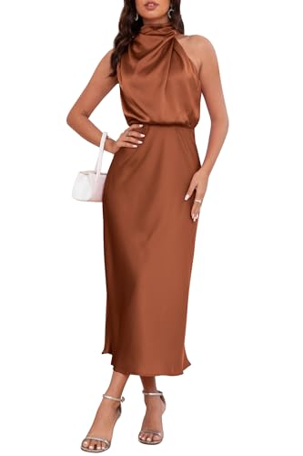 Image of Women's Satin Maxi Dress Summer Formal Wedding Guest Cocktail Dress | Mock Neck Sleeveless,Elegant Silk Midi Long Dress,High Neck,Halter,Aline,Bridesmaid,Bridal Shower Guest,Garden Party,Dinner
