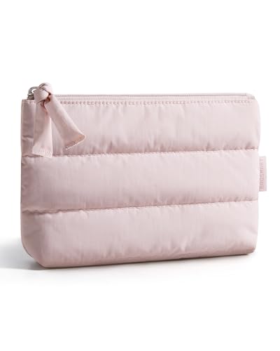 BAGSMART Small Makeup Bag, Puffy Portable Cosmetic Pouch with Charm Zipper, Water-Resistant Travel Organizer for Women (Baby Pink, Small)