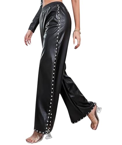 Sexyshine Women's Faux Leather Pants Rivets Pearls Trim High Waist Loose Straight Wide Leg Slit Hem PU Leather Pants3