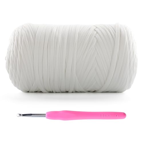 Image of Mooaske 1 Pack T-Shirt Crochet Yarn for DIY Knitting Crochet Cloth Blanket Bag Dolls - 400g Chunky Thick Yarn for Crocheting with Polyester-Spandex Blend Elastic Fabric (White)
