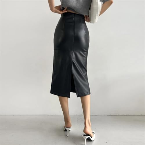 Vintage Stitching Pu Leather Skirts for Women High Waist Y2k Wrap-Hip Straight Skirts3