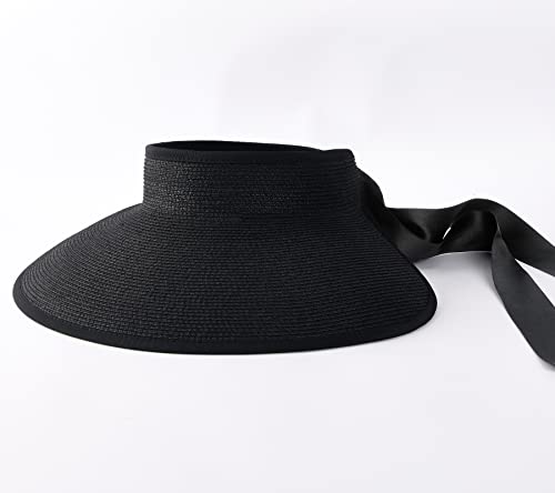 Camptrace UPF 50+ Sun Visors for Women Wide Brim Beach Hat Foldable Straw Visor Hat Ponytail Summer Packable