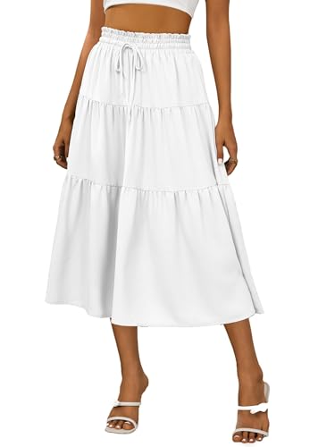 Anbech Women's Casual Midi Skirt Elastic High Waisted Summer Beach Skirts Trendy Pleated A-Line Dress