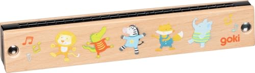 goki 61857 - Mundharmonika aus Holz und Kunststoff Musikinstrument mit Tiermotiven fördert musikalisches Interesse und auditive Wahrnehmung der Kinder 24 unterschiedliche Töne 18cm ab 3 Jahre