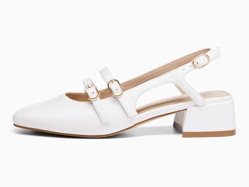 Image of Coutgo Women's Mary Jane Chunky Low Heels Slingback Pumps Closed Square Toe Wedding Dress Shoes