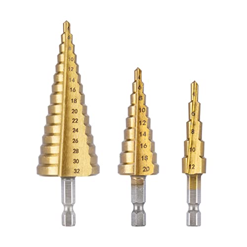 Bulaned Spiralgenuteter Stufenbohrer-Set, 4-12/4-20/4-32 mm beschichteter Lochfräser-Bit-Satz, 3-teiliger Sechskant-Stufenbohrer Cover
