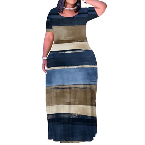 Image of SUZONANA Plus Size Maxi Dress for Curvy Women Summer Casual Sundress Short Sleeve Loose Vacation Dress