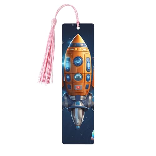 タッセル付き木製しおり ヴィンテージ木製ブックマーク 漫画宇宙船ロケット ファンシー ハンドメイド クラフトブックマーク 読書ページマーカー 木製ハンギングタグ オーナメント 本好き向け
