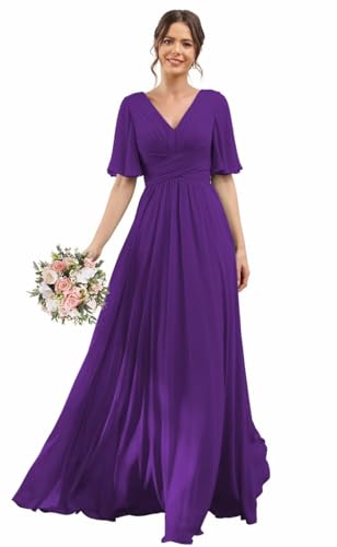 YOFF V-Neck Flutter Sleeve Bridesmaid Dress with Pockets A-Line Long Chiffon Formal Party Dresses with Slit YO003