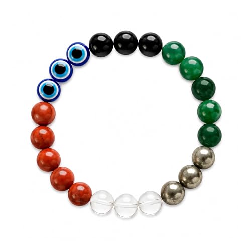 Image of Dhan Dhara Bracelet | Wealth Growth & Financial Progress | Red Jasper, Clear Quartz, Pyrite, Green Jade, Black Tourmaline, Evil Eye | Temple Blessed & Energized | For Men & Women | Certified Natural Crystals
