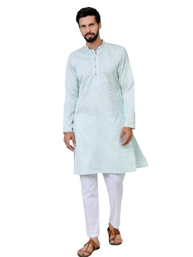 Image of See Designs Men's Full Sleeve Mandarin Collar Floral Embroidered Mandarin Collar Thread Work Straight Long Kurta - Festive Collection