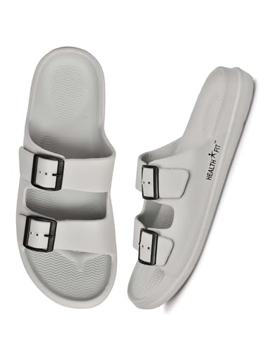 Image of HEALTH FIT Extra Soft Premium Classic Cushion Sliders /Slippers with Adjustable Buckle Strap & Light Weight Anti-SkidWaterproof Flip Flops for Men's HF150