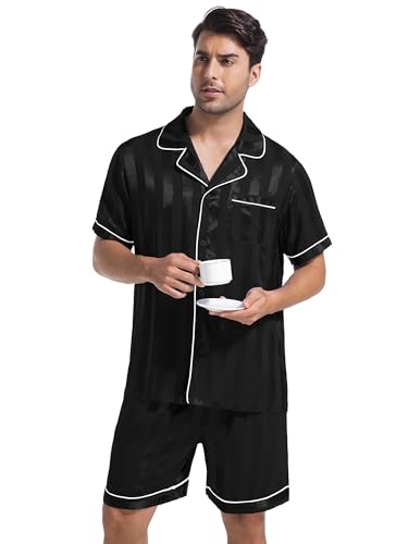 DEARCASE Men Silk Satin Pajamas Sets Short Sleeve Sleepwear Button-Down Pjs Sets Two-Pieces Loungewear with Pockets4