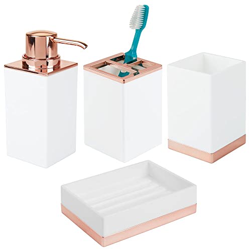 mDesign Glass Bathroom Vanity Countertop Organizers - Dispenser Pump, Toothbrush Stand, Storage Jar, Soap Dish - Hold Cotton Swabs, Toothpaste, Makeup, Accessories, Lumiere Collection, White/Rose Gold