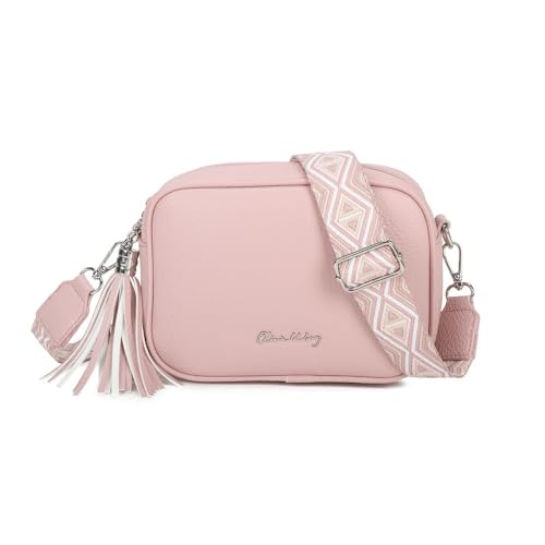 Bolso bandolera mujer pequeño de cuero PU con dos bandoleras bolso mensajero para cruzar polipiel regalo original para mujer (Rosa)