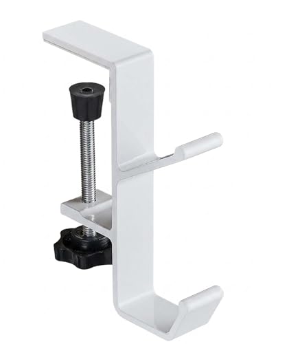Image of Headphone Stand, Dual Hook Headphone Holder for Desk with Table Clamp, Under Desk Headset Stand Bag Hanger for Gaming and Office Setup, WhiteAlloy Construction