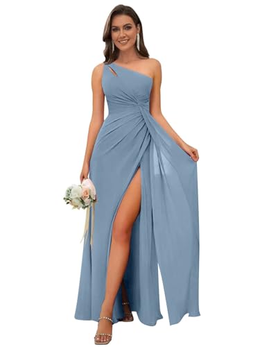 Image of OFEECHUN Women's Chiffon One Shoulder Bridesmaid Dresses Long Pleated Formal Evening Gowns with Slit