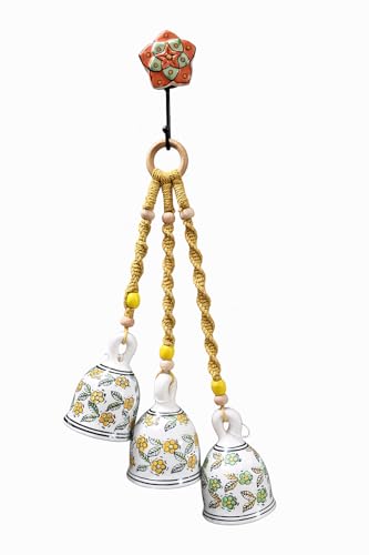 Image of RHD Macrame Melodies | 3 Ceramic Bells (5 Inch) Multicolour | Handmade Wall Decor Wind Chime with Hand-Painted Ceramic Hook | Home, Balcony & Indoor Decoration
