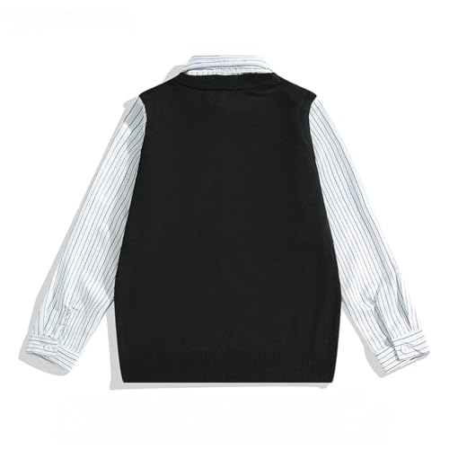 Men Women College Style Knit Sweater Striped Fake Two Piece Lapel Casual Loose Pullover3