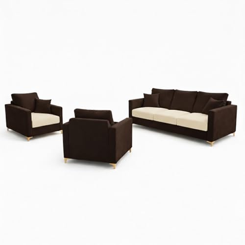 Image of Hayes Dual Tone Rich Velvet Suede 3+1+1 Seater Sofa Set | Golden Aesthetic Legs | Soft Touch Comfort Seating | 5 Person Seating | Modern Living Room Set (Dark Brown & Cream)