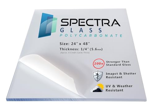 Spectra Glass Clear Polycarbonate Plastic Sheet. Stronger Than Plexiglass Sheets. UV, Impact, Weather Resistant. Sizes Nominal Cut Within +-1/8'. Made in USA. 24' x 48' (1/4' Thick)