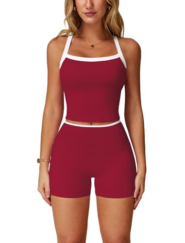 Image of ABOCIW 2 Pieces Workout Sets for Women, Cross Back Tank Top Matching High Waist Biker Shorts, Gym Yoga Pilates Outfits