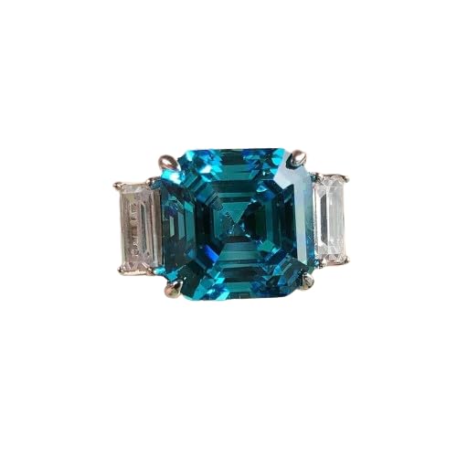 rkjewellry_store || 14k White Gold Finish 925 Sterling Silver 3 Ct Asscher Cut Blue Topaz & Diamond Three Stone Engagement Ring Women's