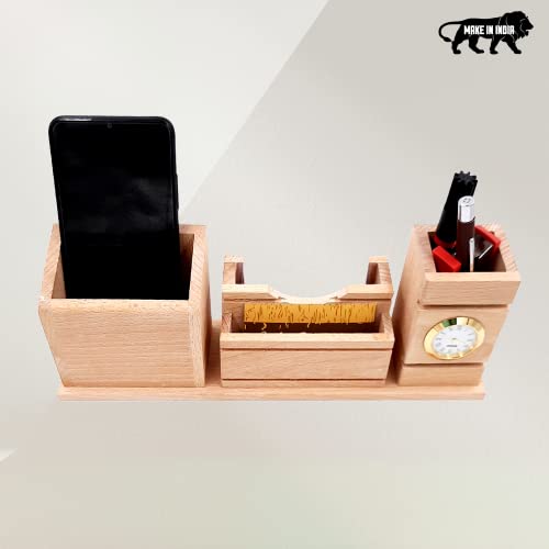 Image of WOOD HOUSE Pen Stand, Lightweight Office Use, Table Study, Wooden Stand with Holders (Stand With Clock)