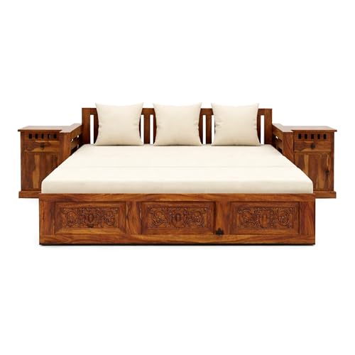 Image of SONA ART & CRAFTS Maharaja Sheesham Wood 3 Seater Sofa Cum Bed with Bedside | Wooden 3 Seater Sofa for Living Room Wooden Furniture Sofa Bed for Home (Natural Finish)