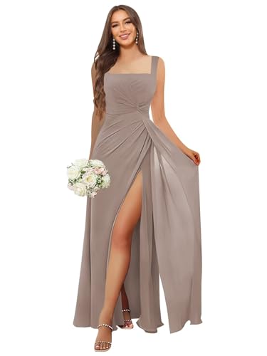Image of HANVAIOS Square Neck Bridesmaid Dresses Long Chiffon Formal Maxi Dress with Slit