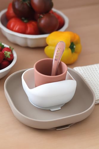 Image of BEABA Silicone 4-Piece Meal Set - Easy to Clean - Dishwasher and Microwave Safe - Soft, Unbreakable, Non-Slip Suction Bottom - Includes Plate, Bowl, Cup and 2nd Stage Silicone Spoon (Terracotta)