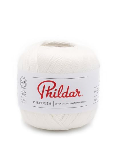 Phildar - Pelote de Laine Phil Perle 5 - Laine à Crocheter et à Tricoter - 100% COTON - Aiguille n°2.5 - Couleur BLANC