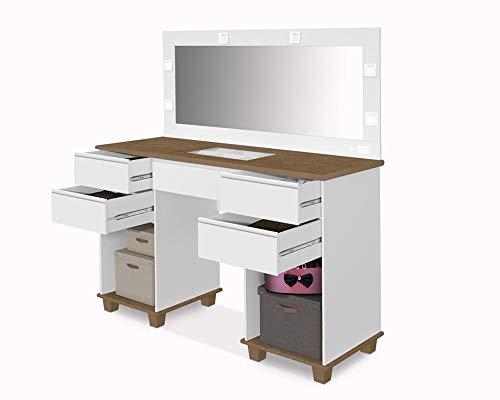 Penteadeira Camarim Clean 100% Mdf Branco Amadeirado Com Led Espelho Pés Madeira Ofertamo