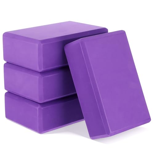 4 Pack High Density EVA Foam Yoga Blocks (9x6x3) - Non-Slip Lightweight Pilates Equipment for Stretching Meditation & Balance Support (Purple)