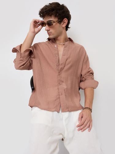 Image of VASTRADO Burnt Clay Sheen Crinkled Boxy Fit Crop Shirt