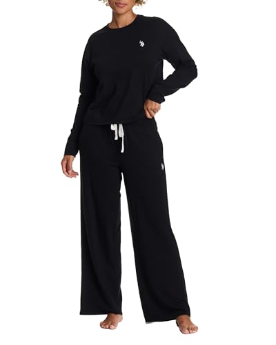 U.S. Polo Assn. Lounge Sets for Women, Tracksuit Sets for Women 2 Piece with Top and Wide Leg Sweatpants for Spring (Black, Large)