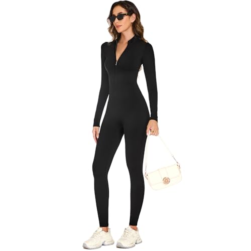adorence Damen Sport Jumpsuit Lang Eng, Yoga Overall mit Reißverschluss, Langarm Sport Einteiler Romper Bodycon, Rollkragen Bodysuit Women Fitness Workout -Schwarz,S
