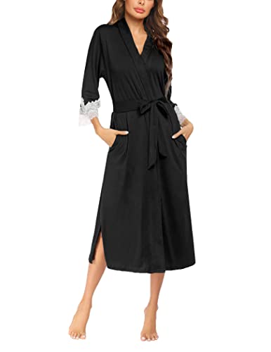 Ekouaer Women Sleep Robe Lapel Collar Wrap 3/4 Sleeve Bathrobe Sleepwear with Belt Cotton Sleepwear (Black,Large)