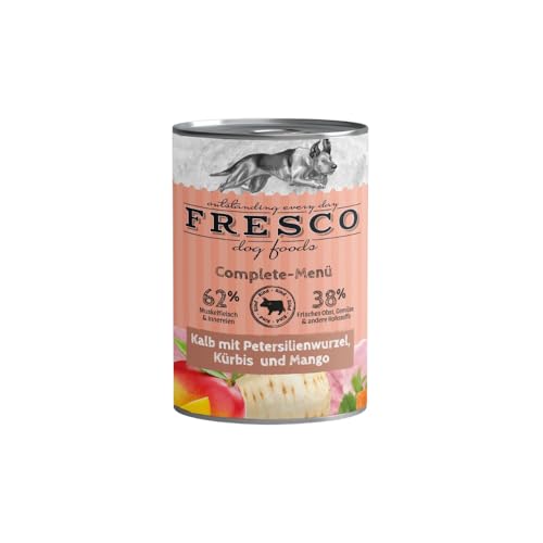 Fresco Complete-Menü Kalb mit Petersilienwurzel, Mango & Johannisbeere | 12er Pack | 12 x 400 g | Nassbarf für Hunde | Wichtige Proteine & Eiweiß | Aus reinem Muskelfleisch