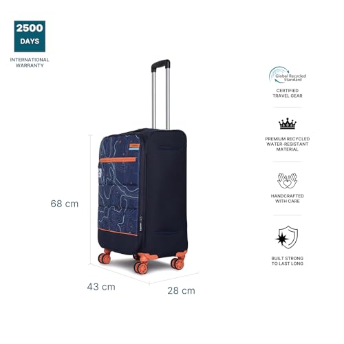 Image of uppercase Topolite 68 Cm Medium Polyester Soft-Sided 8 Spinner Check-In Trolley Bag Dust Resistant Eco-Soft Printed Luggage With Combination Lock, 2500 Days Warranty (Blue)
