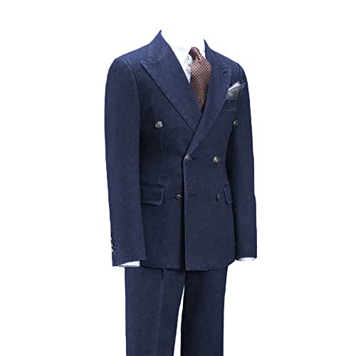 HZUOU Men's Slim Fit 2 Pieces Denim Suits Fashion Design Double-Breasted Formal Wear Peak Lapel Side Casual Party Tuxedos Navy Blue 48