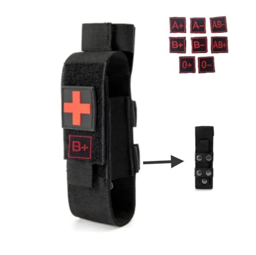 Funda Torniquete Táctico Molle y Parche con Grupo Sanguineo Bolsa Portatil Resistente de Nailon Primeros Auxilios Policia Militar Senderismo Porta Tijeras Movil Walkie Talkie Médico (Funda Negra)