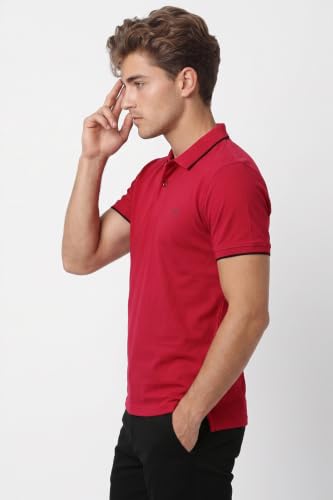 Image of Peter England Men's Snug Fit Solid Polo T-Shirt with Coloured Collar Tipping| Cotton Rich| Premium Pique Weave