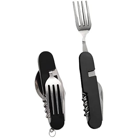 Ksvaye 2 Stück 6 in 1 Campingbesteck Klappbar Reisebesteck Set Klappbesteck Edelstahl Camping Besteckset Outdoor Survival Besteck Cover